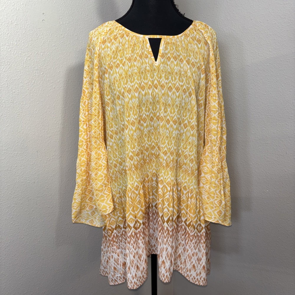 Avenue Semi‎ Sheer Blouse Women's 22/24 Yellow & Brown Geometric Summer Cruise